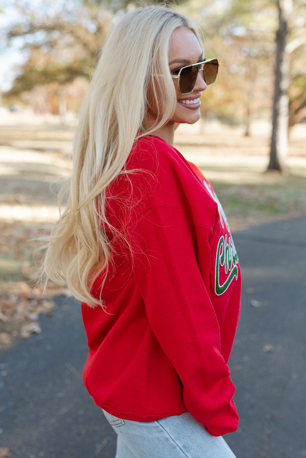 Red Merry Christmas Crewneck Drop Shoulder Loose Sweatshirt - Image 3