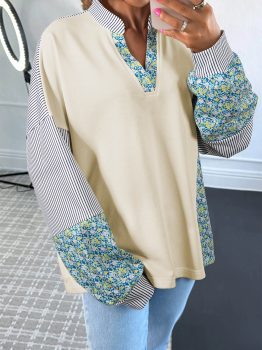 Beige Floral Striped Drop Sleeve Collared Boxy Fit Sweatshirt