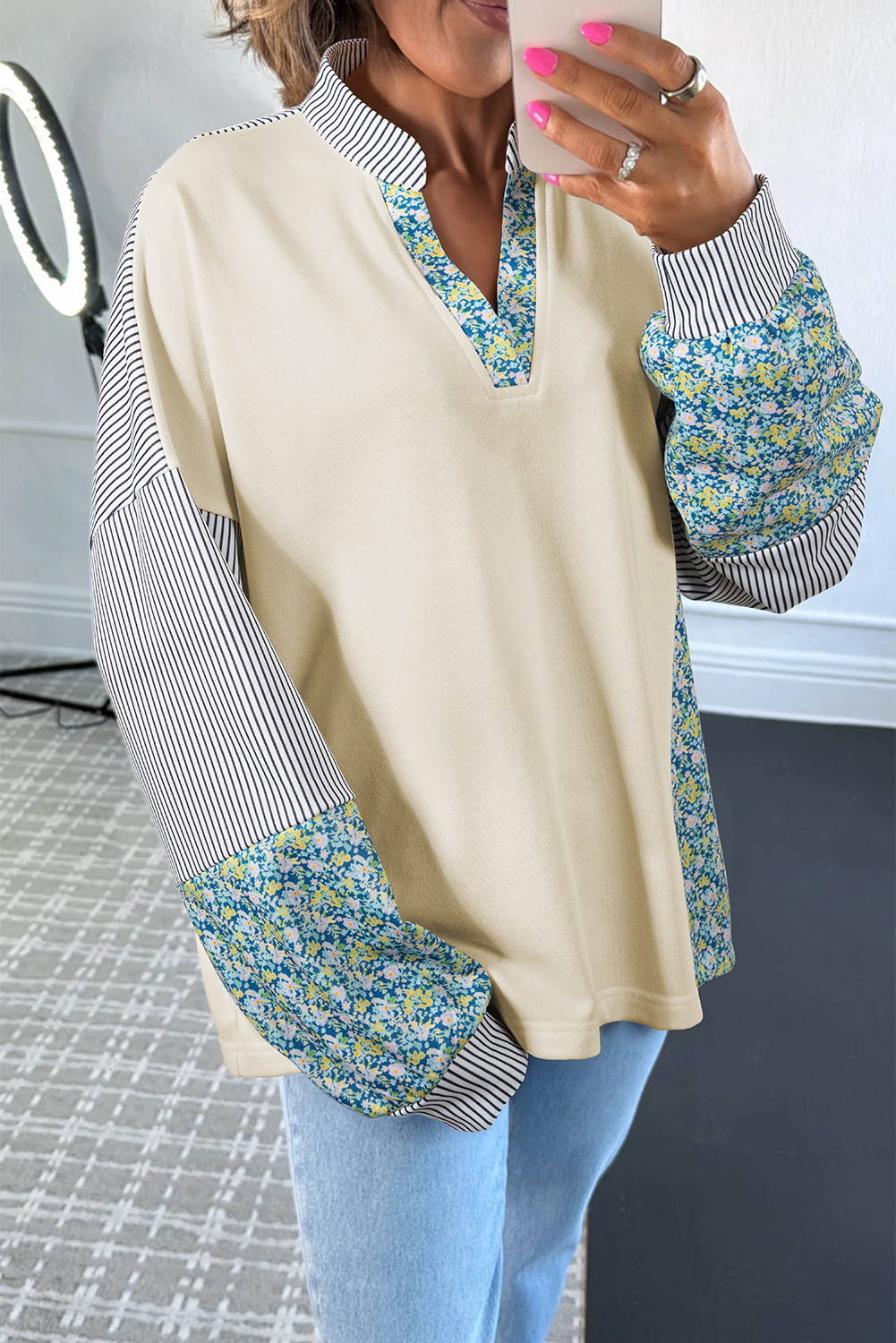 Beige Floral Striped Drop Sleeve Collared Boxy Fit Sweatshirt
