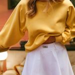 Citrus Pleated Balloon Sleeve Pullover Solid Sweatshirt