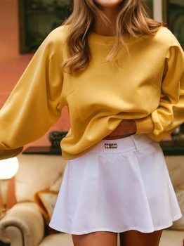 Citrus Pleated Balloon Sleeve Pullover Solid Sweatshirt