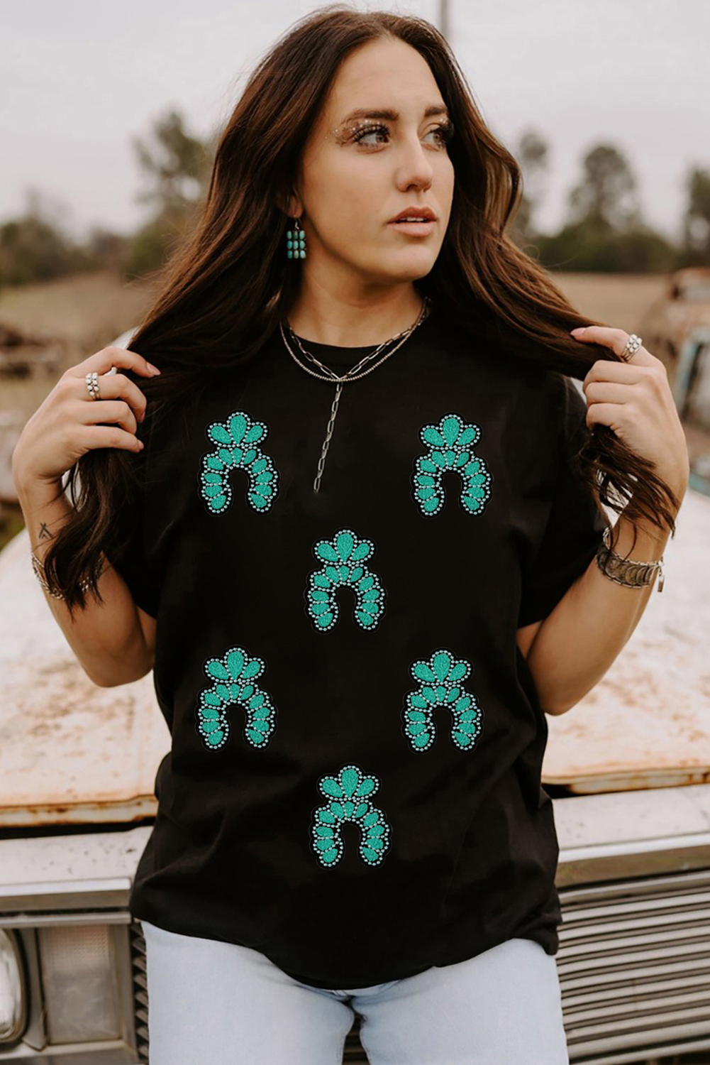 Black Western Turquoise Pattern Sequin Patched T Shirt - Image 7