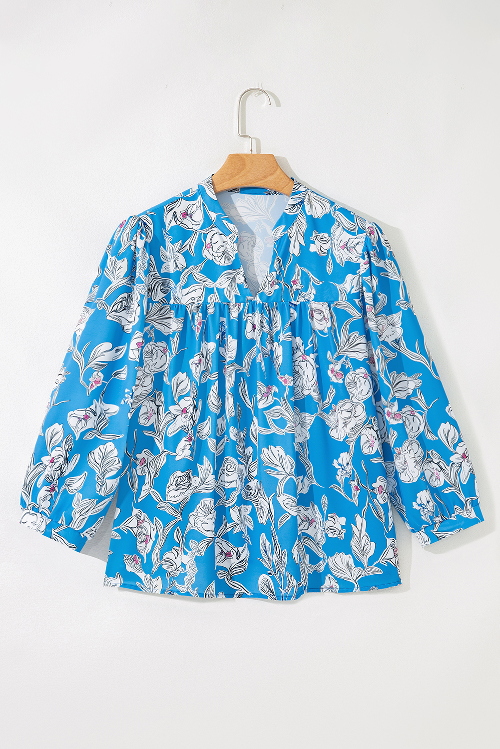 Sky Blue V Neck Floral Print 3/4 Puff Sleeve Blouse - Image 3