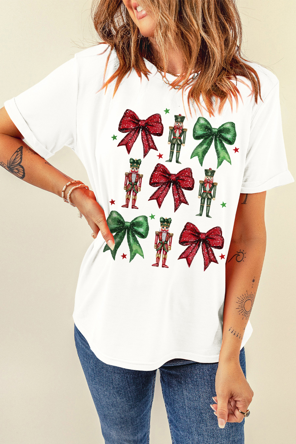 White Bowknot Nutcracker Printed Crewneck Christmas T Shirt - Image 4