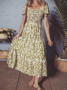 Yellow Boho Floral Square Neck Smocked Bust Puff Sleeve Tiered Long Dress