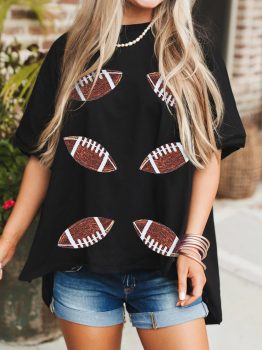 Black Sequin Rugby Football Patched Crewneck Loose T Shirt