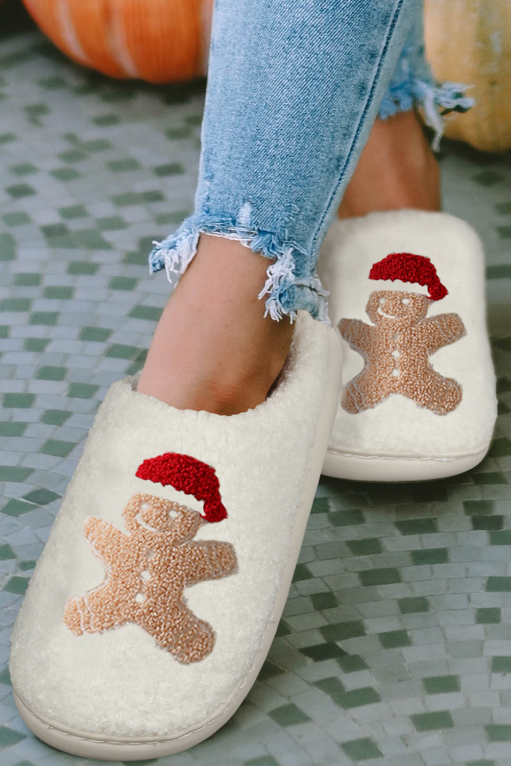 White Christmas Gingerbread Man Plush Home Slippers - Image 3