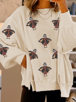 White Thanksgiving Turkey Waffle Oversized Knit Top
