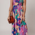 Purple Floral Print Shirred Spaghetti Strap Loose Maxi Dress