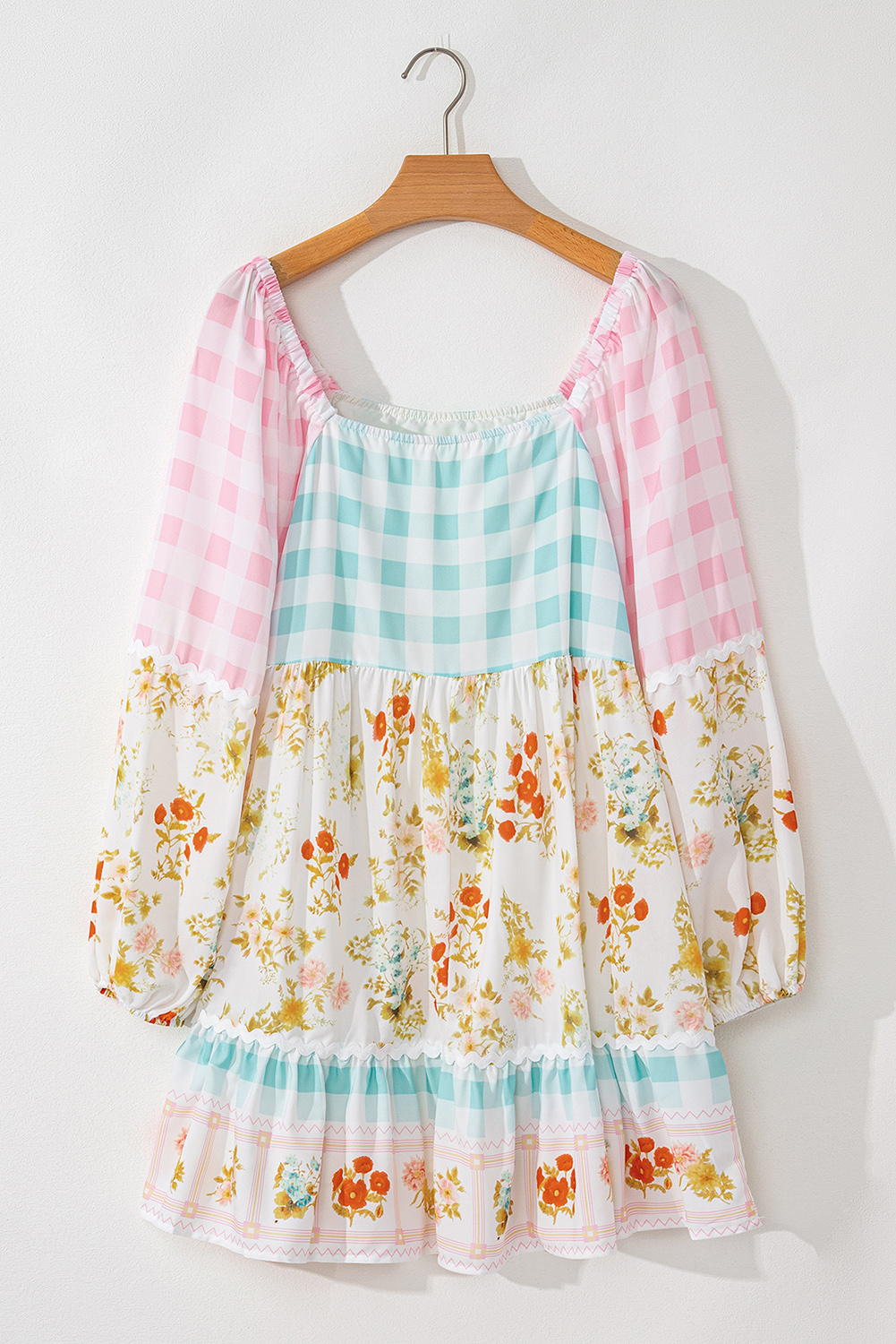 Pink Ric Rac Plaid Floral Print Patchwork Bubble Sleeve Dress - Image 2