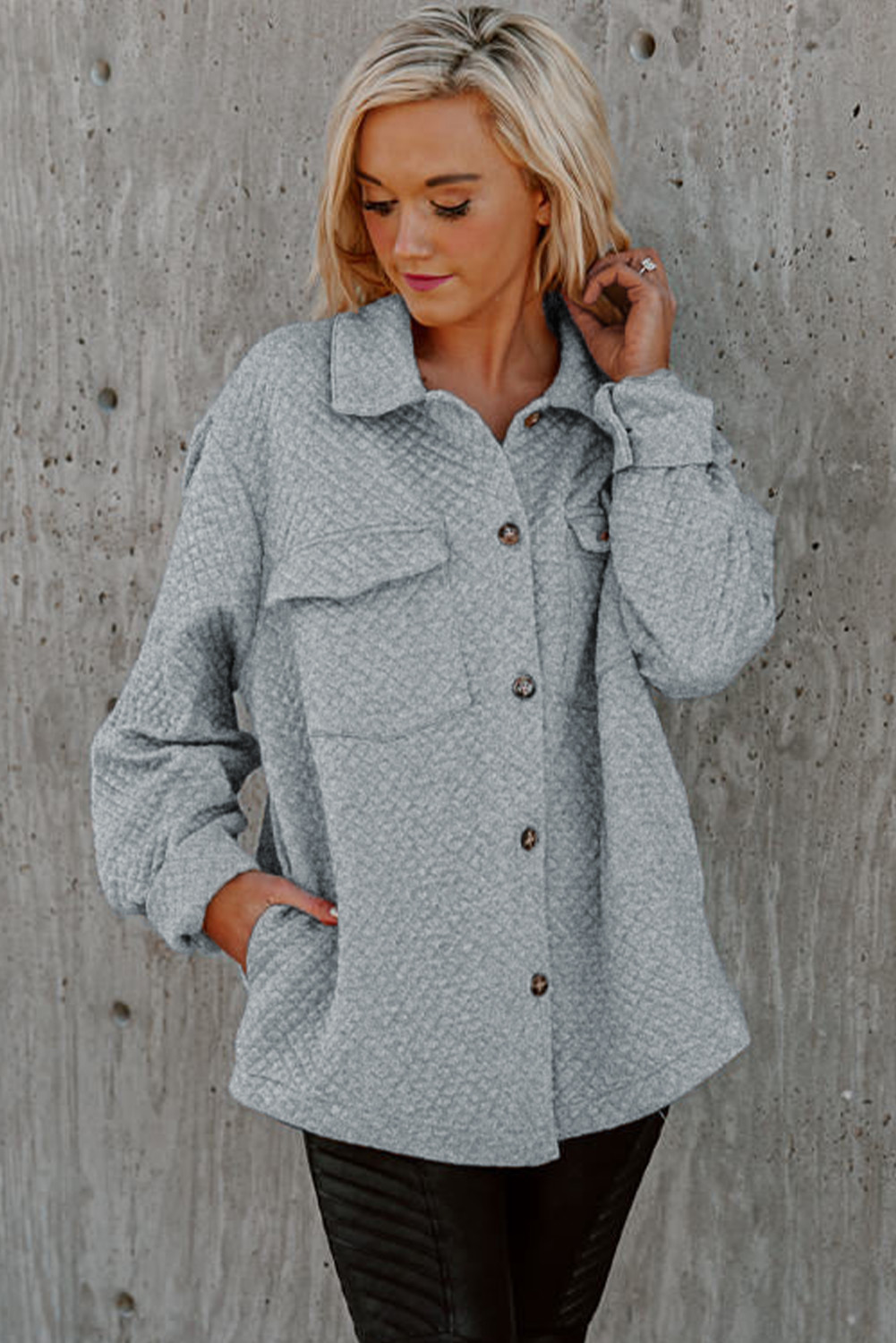 Gray Retro Quilted Flap Pocket Button Shacket - Image 4