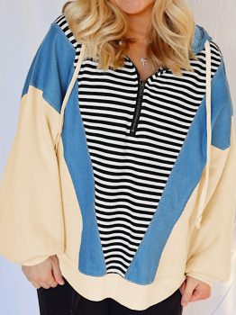 Black Stripe Denim Color Block Quarter Zip Baggy Drawstring Hoodie