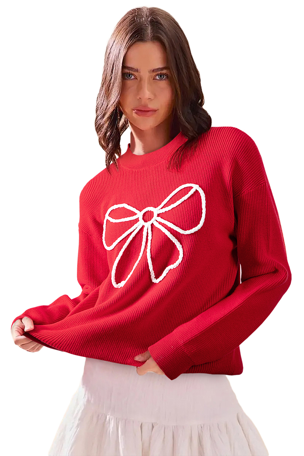 Fiery Red Bow Embroidered Graphic Ribbed Sweater Top - Image 4