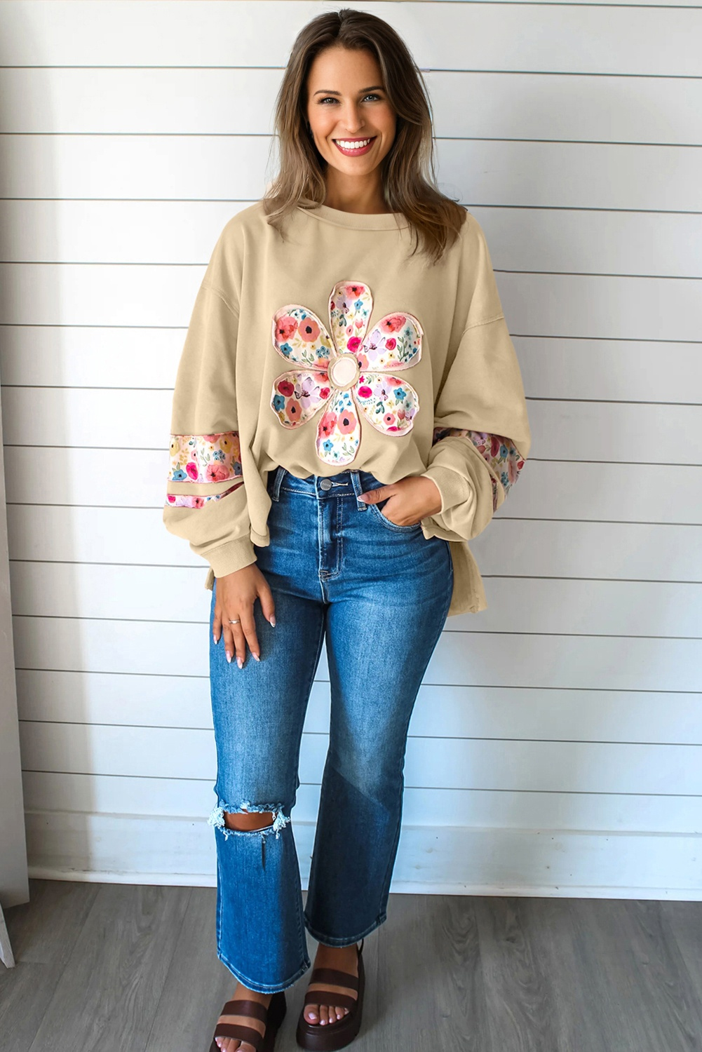 Pale Khaki Floral Applique Baggy Pullover Sweatshirt - Image 2