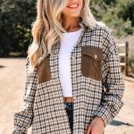 Casual Contrast Corduroy Flap Pocket Patchwork Plaid Shacket