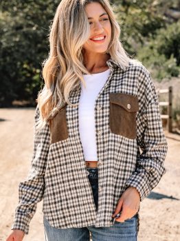 Casual Contrast Corduroy Flap Pocket Patchwork Plaid Shacket