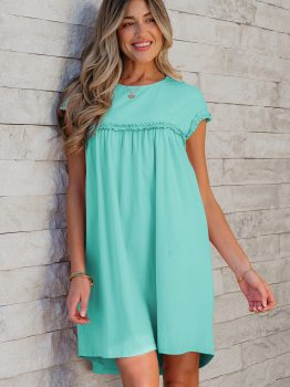 Mint Green Frilled Trim Crew Neck Loose Fit Mini Dress