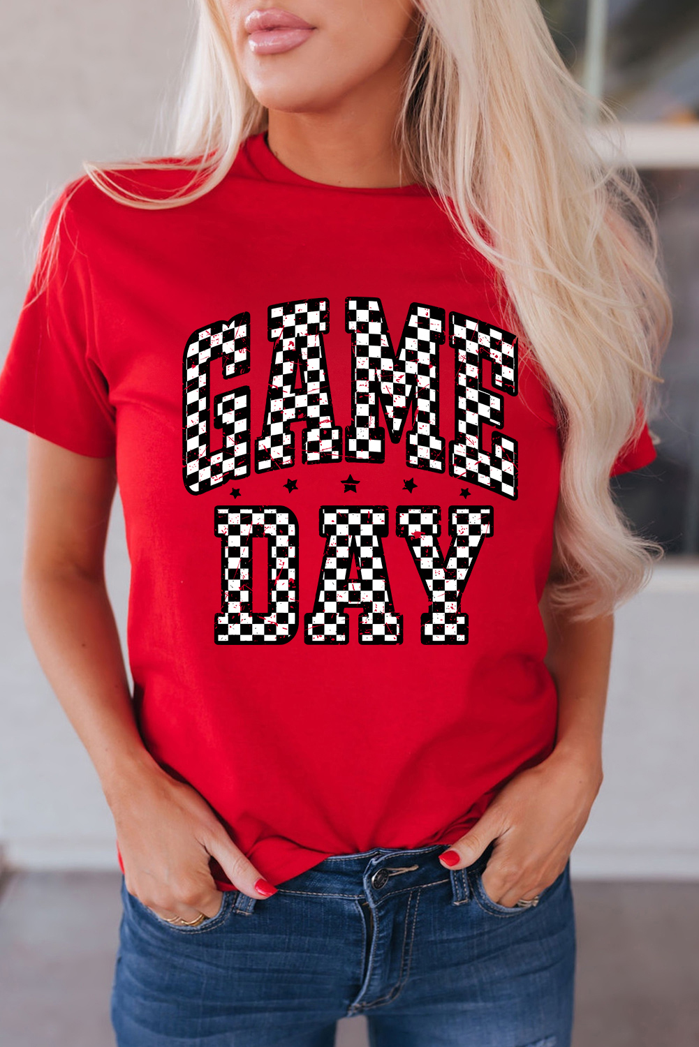 Red Checkered Game Day Graphic T Shirt - Image 6