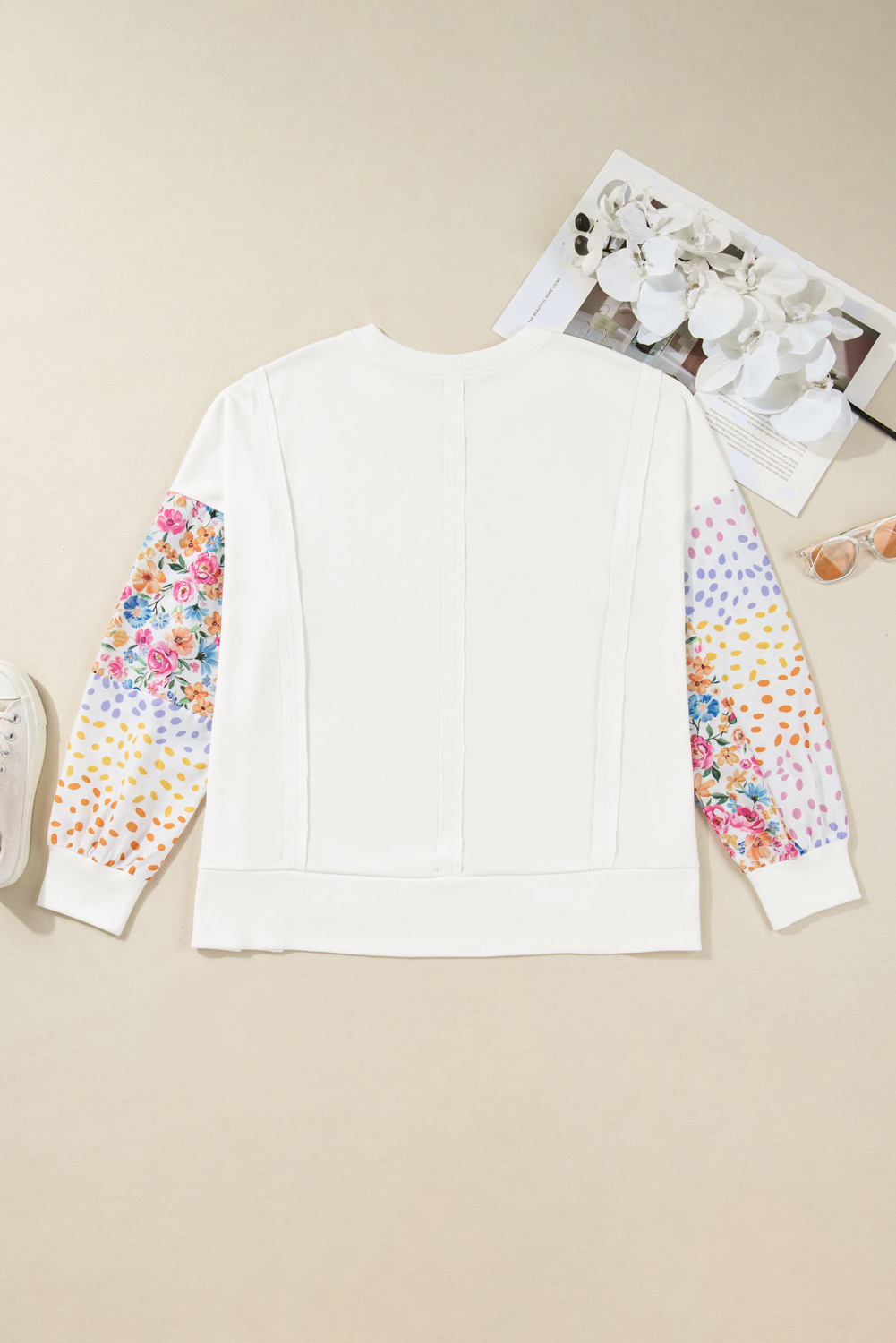 White Plus Size Exposed Seam Detail Contrast Dot Floral Patchwork Sleeve Sweatshirt - Image 4