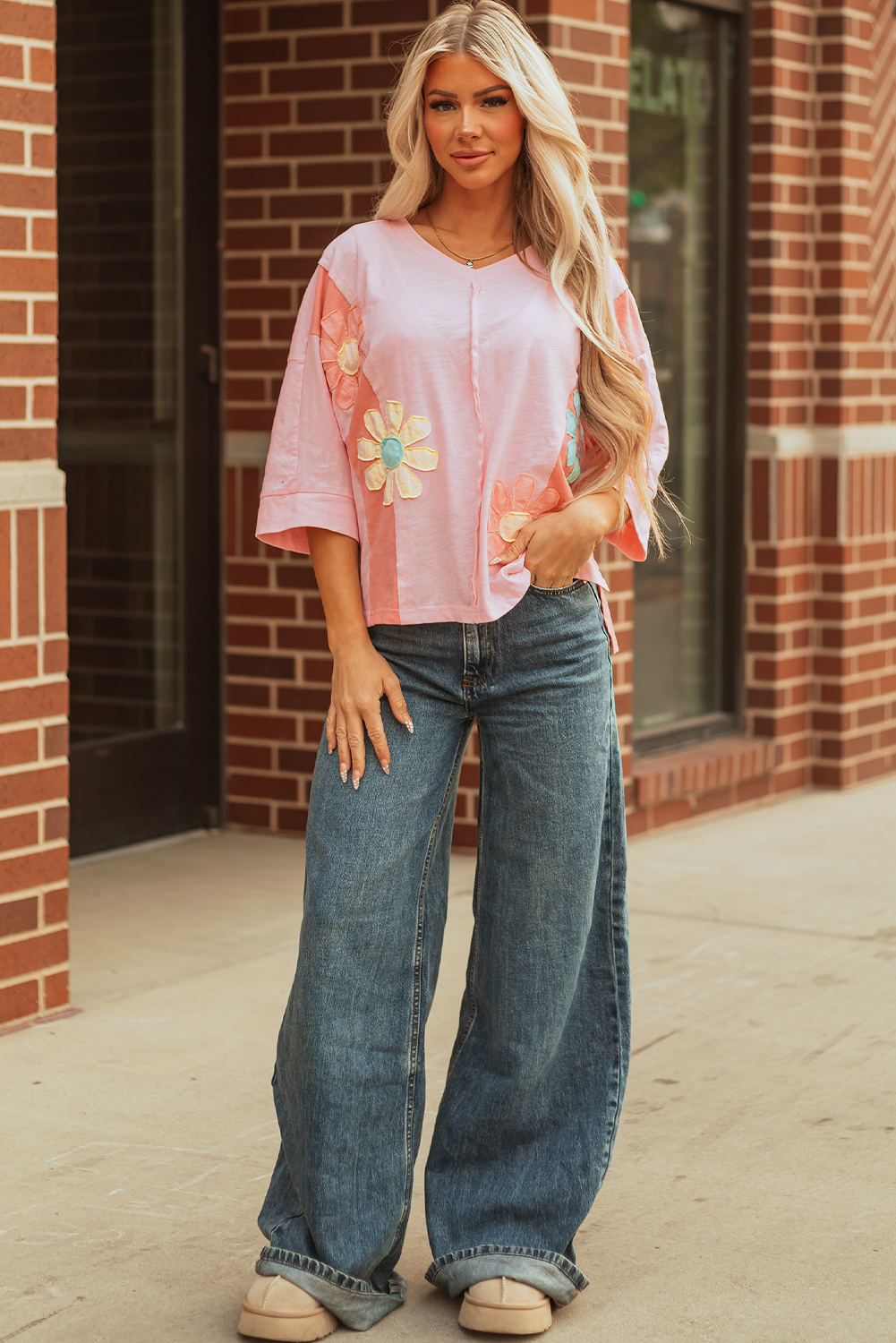 Pink Flower Patched Exposed Seam Bracelet Sleeve Oversized T Shirt - Image 6