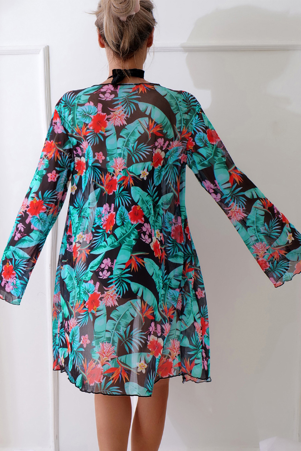 Black Halter Neck Monokini with Floral Beach Cover Up - Image 2