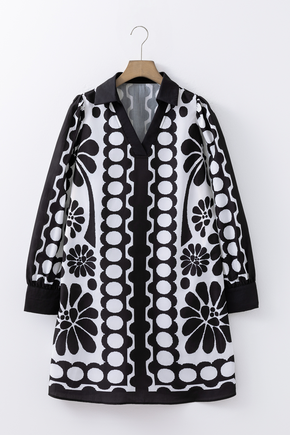 Black Polka Dot Floral Printed V Neck Long Sleeve Shift Mini Dress - Image 5