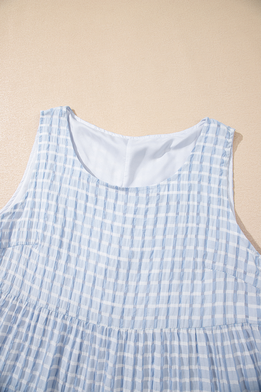 Light Blue Plaid Tiered A-line Sleeveless Mini Sundress - Image 7