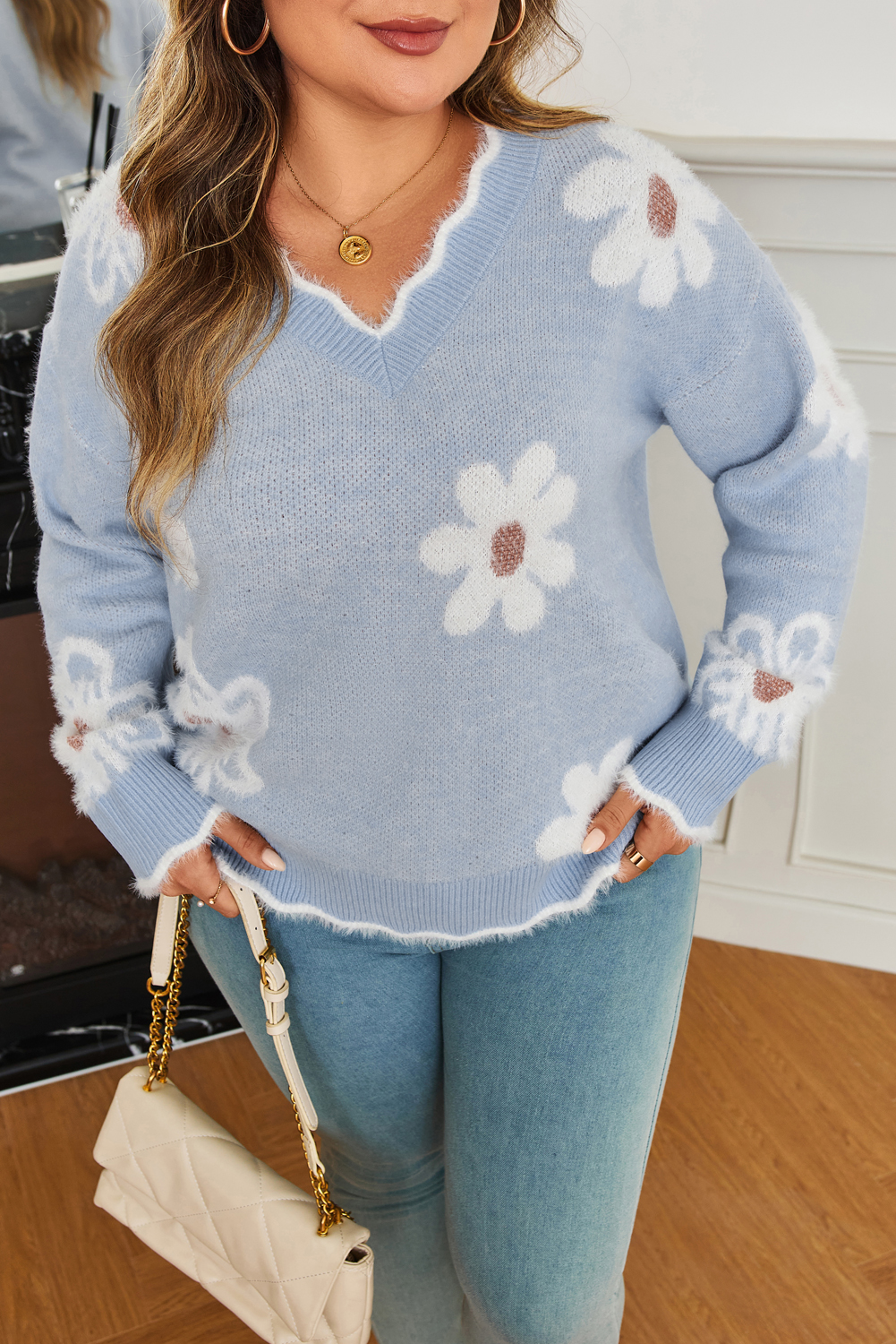 Gray Fuzzy Flower Scalloped V Neck Plus Sweater - Image 6