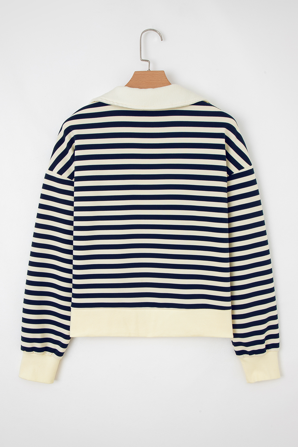 Blue Stripe Collared V Neck Long Sleeve Casual Top - Image 6