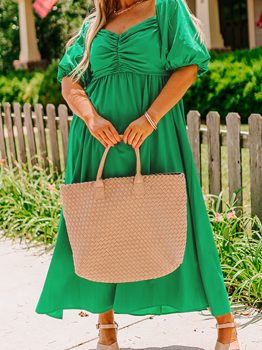 Bright Green Ruched Front Puff Sleeve Plus Size Long Dress