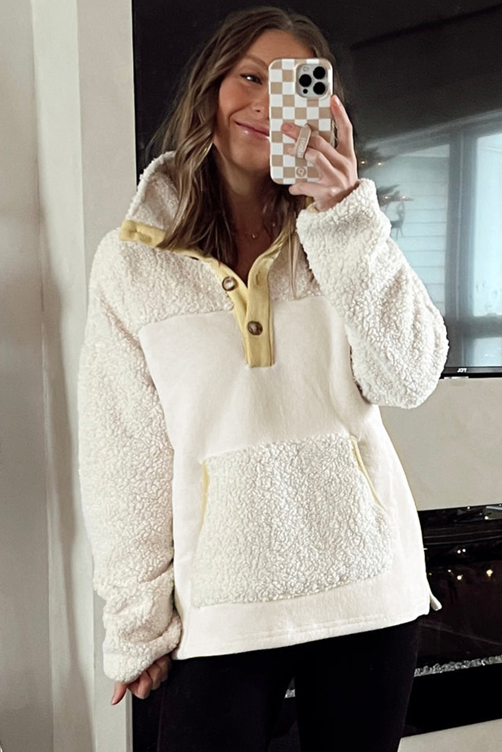 Beige Fleece Colorblock Trim Buttons Collar Sweatshirt with Pocket - Image 5