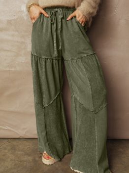 Vineyard Green Mineral Wash Tiered Wide Leg Patchwork Drawstring Pants