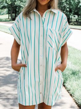 Mint Green St Patricks Striped Wide Short Sleeve Shift Mini Shirt Dress