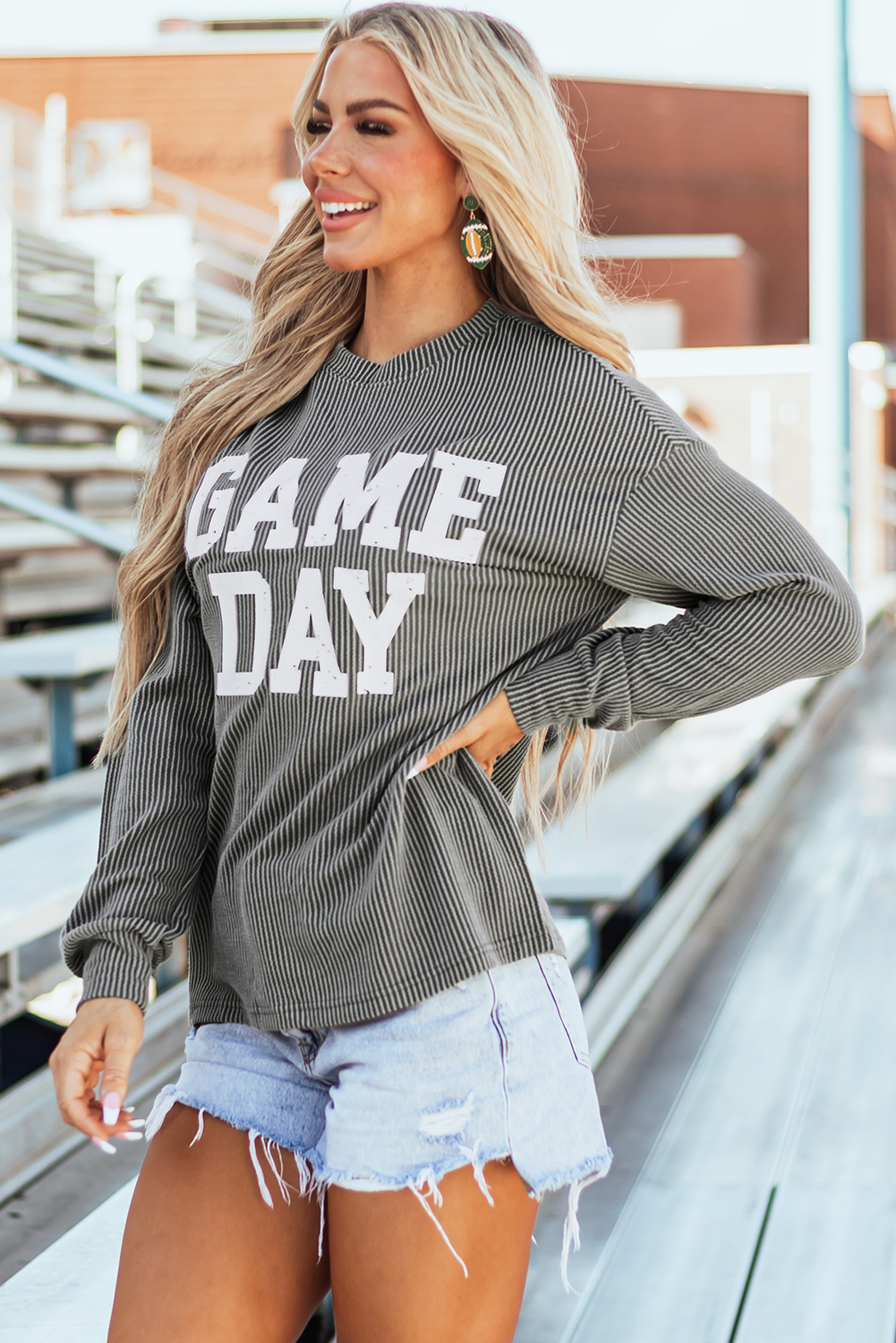 Dark Grey Corded GAME DAY Graphic Long Sleeve Crewneck Top - Image 3