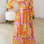 Orange Floral Patchwork Print Cut out Tied Back Bracelet Sleeve Maxi Dress