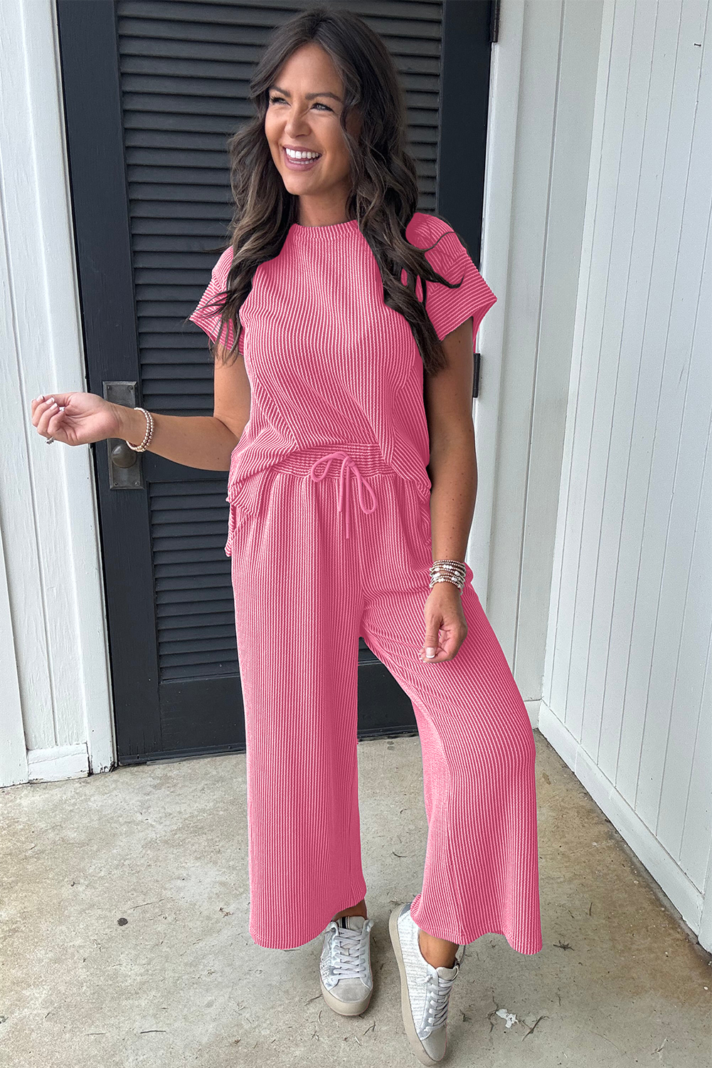 Bright Pink Solid Corded Knit Short Sleeve T Shirt and Wide Leg Pants Set - Image 7