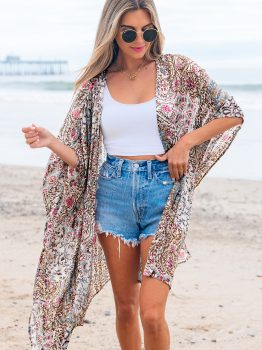 Apricot Floral Print Short Wide Sleeve Open Front Loose Kimono