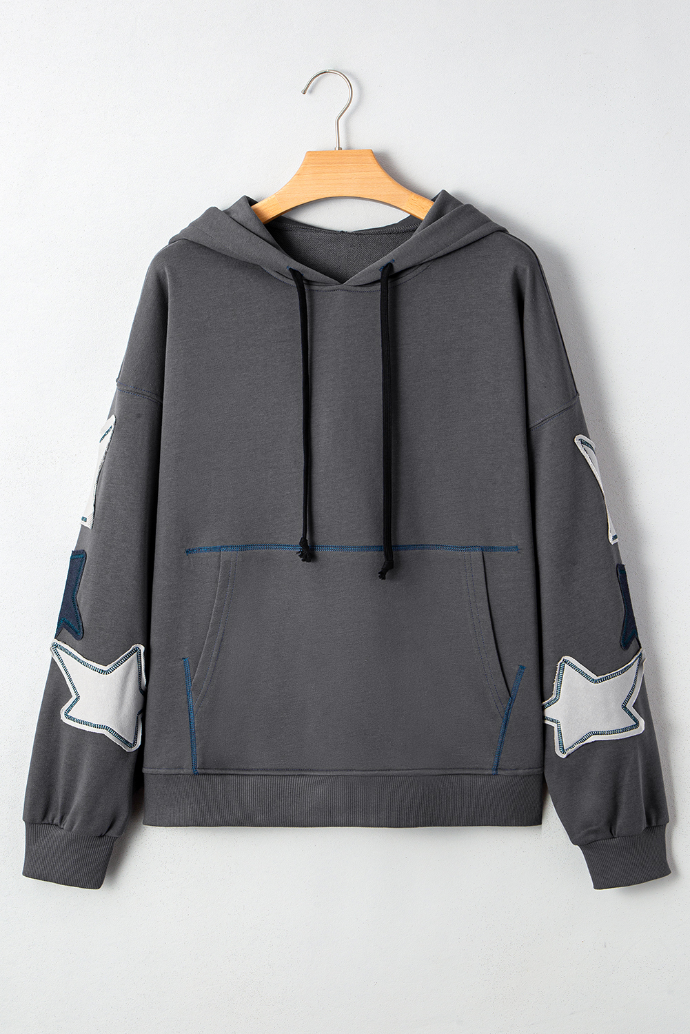 Carbon Grey Star Patchwork Contrast Stitching Mineral Wash Kangaroo Pocket Vintage Hoodie - Image 5