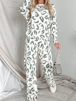 Beige Leopard Animal Print Long Sleeve and Pants Loungewear Set