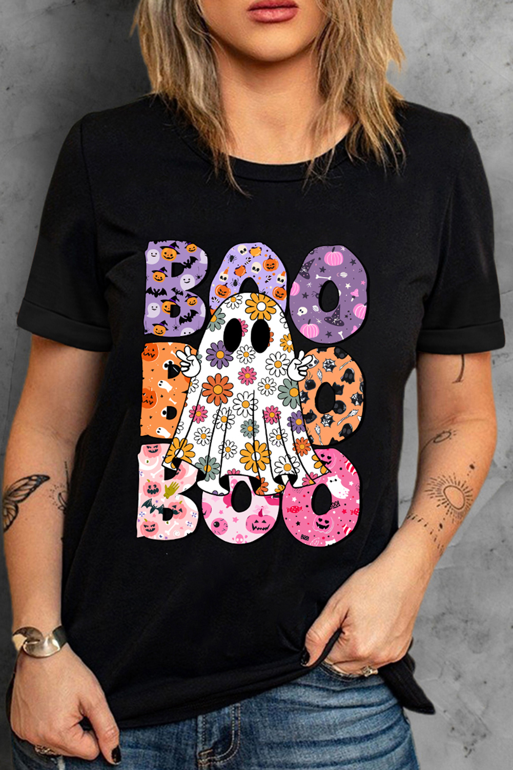 Black BOO Floral Ghost Print Crew Neck Halloween T Shirt - Image 3