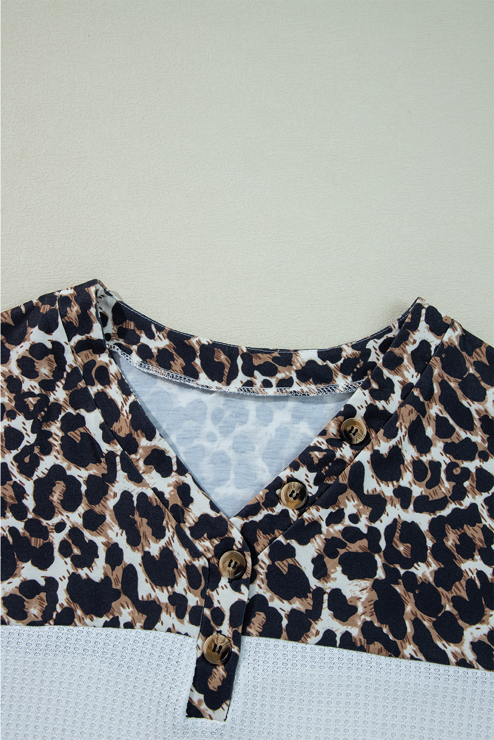 White Leopard Waffle Knit Patchwork Button V Neck Top - Image 6
