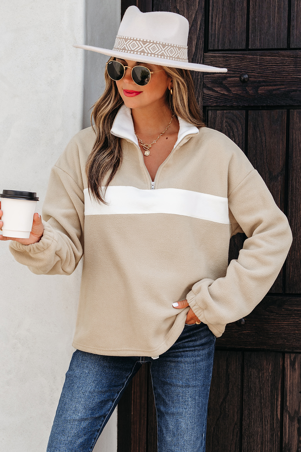 Parchment Fleece Colorblock Patchwork Zipped Neck Pullover Sweatshirt - Image 4