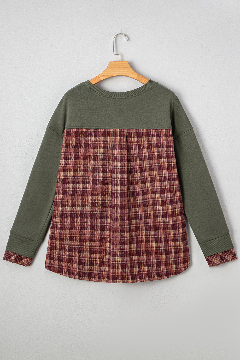 Moss Green Vintage Plaid Patchwork Drop Shoulder Sweatshirt - Image 4