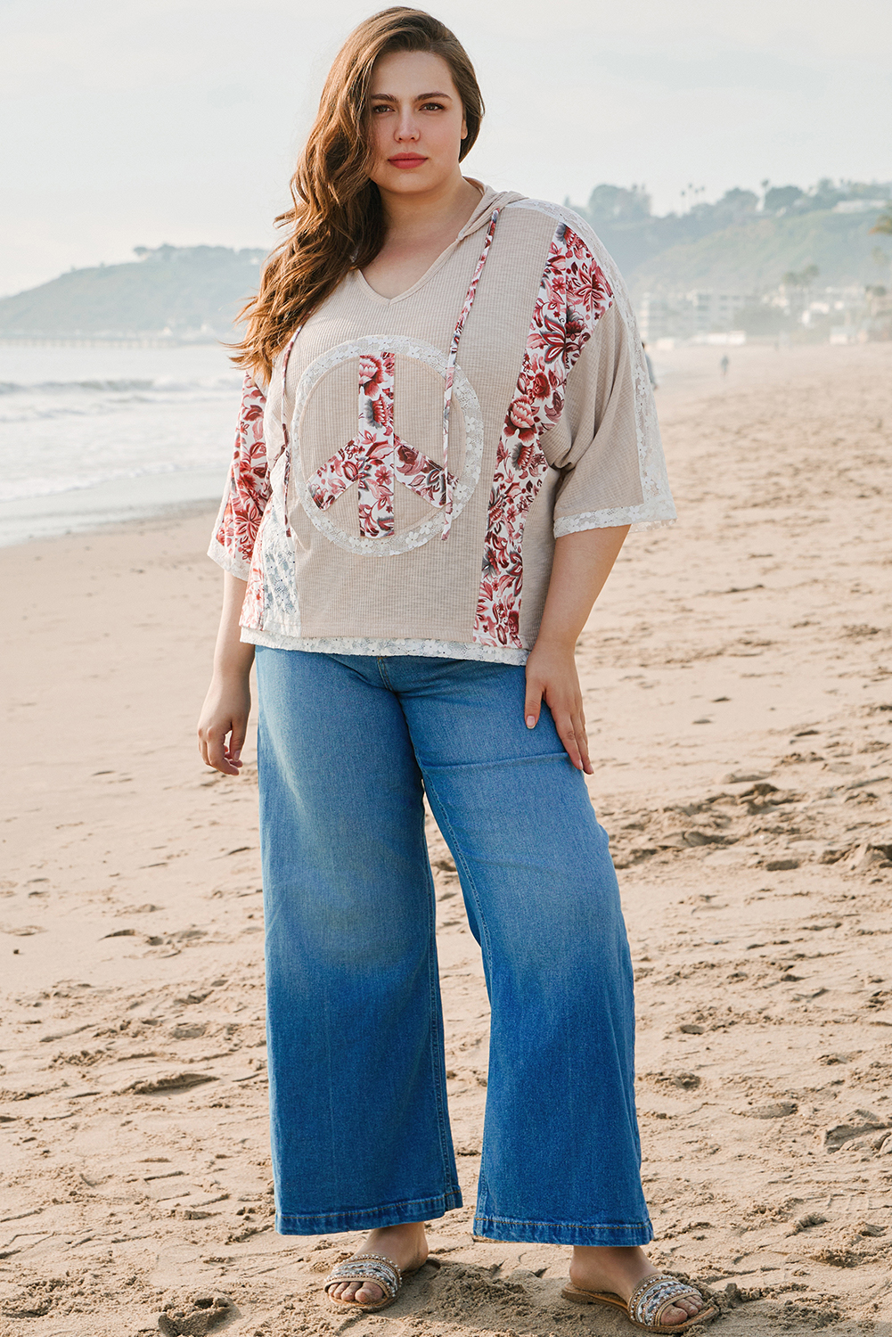 Khaki V Neck Floral Peace Sign Graphic Lace Patch Ribbed Plus Size Hooded Top - Image 8