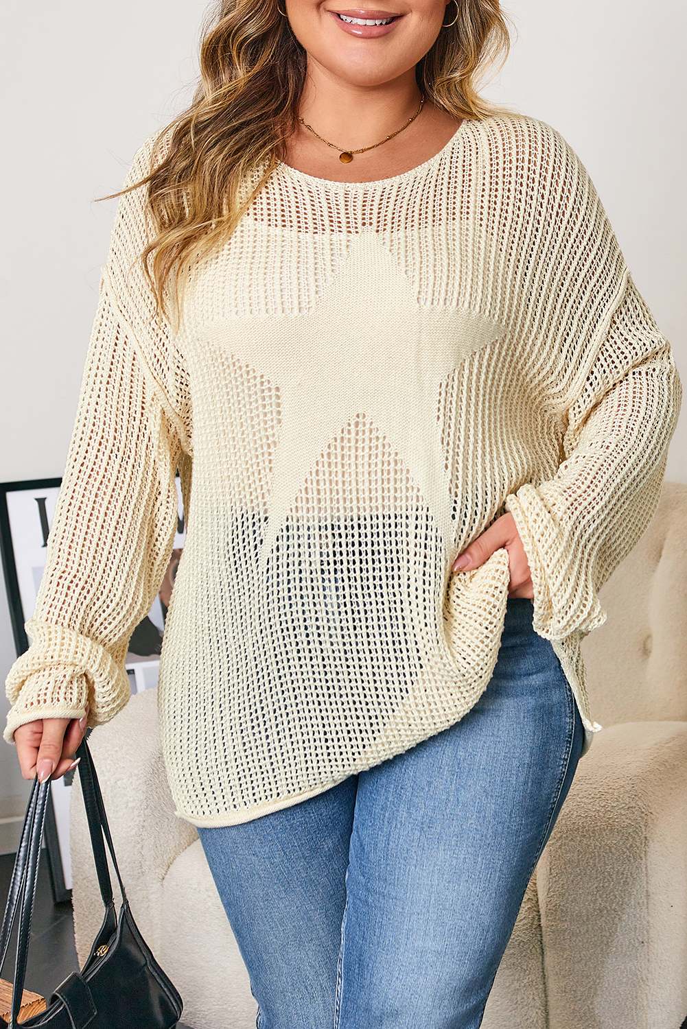 Parchment Hollow Out Knit Star Pattern Accent Plus Size Jumper - Image 7