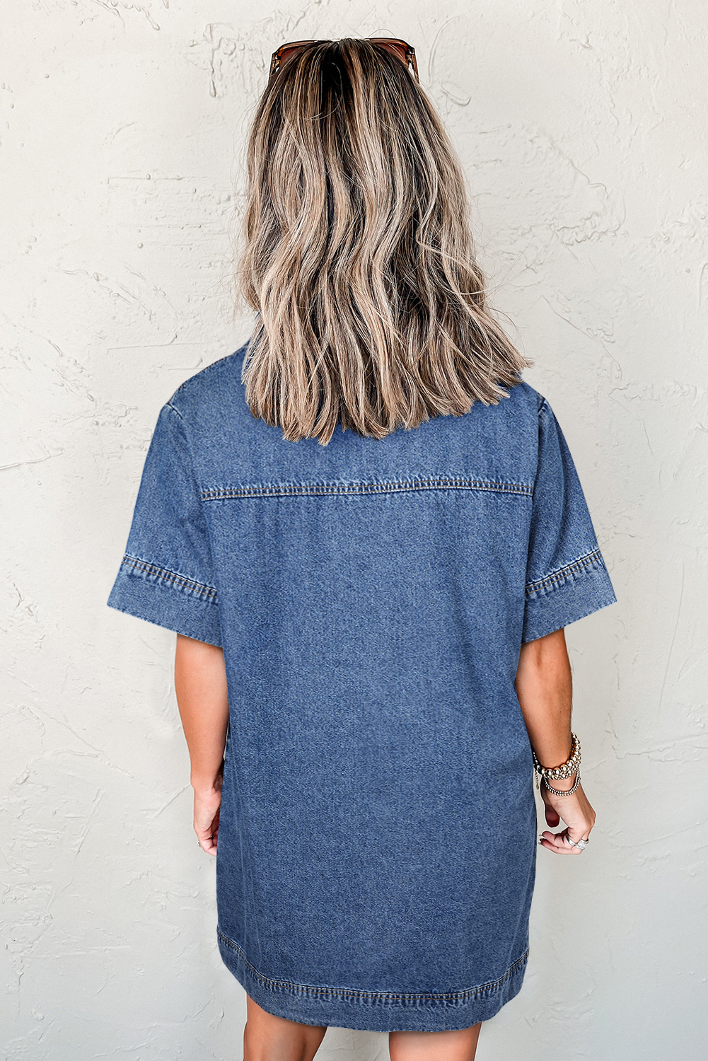 Blue Short Sleeve Collared Patched Pocket Denim Mini Dress - Image 2