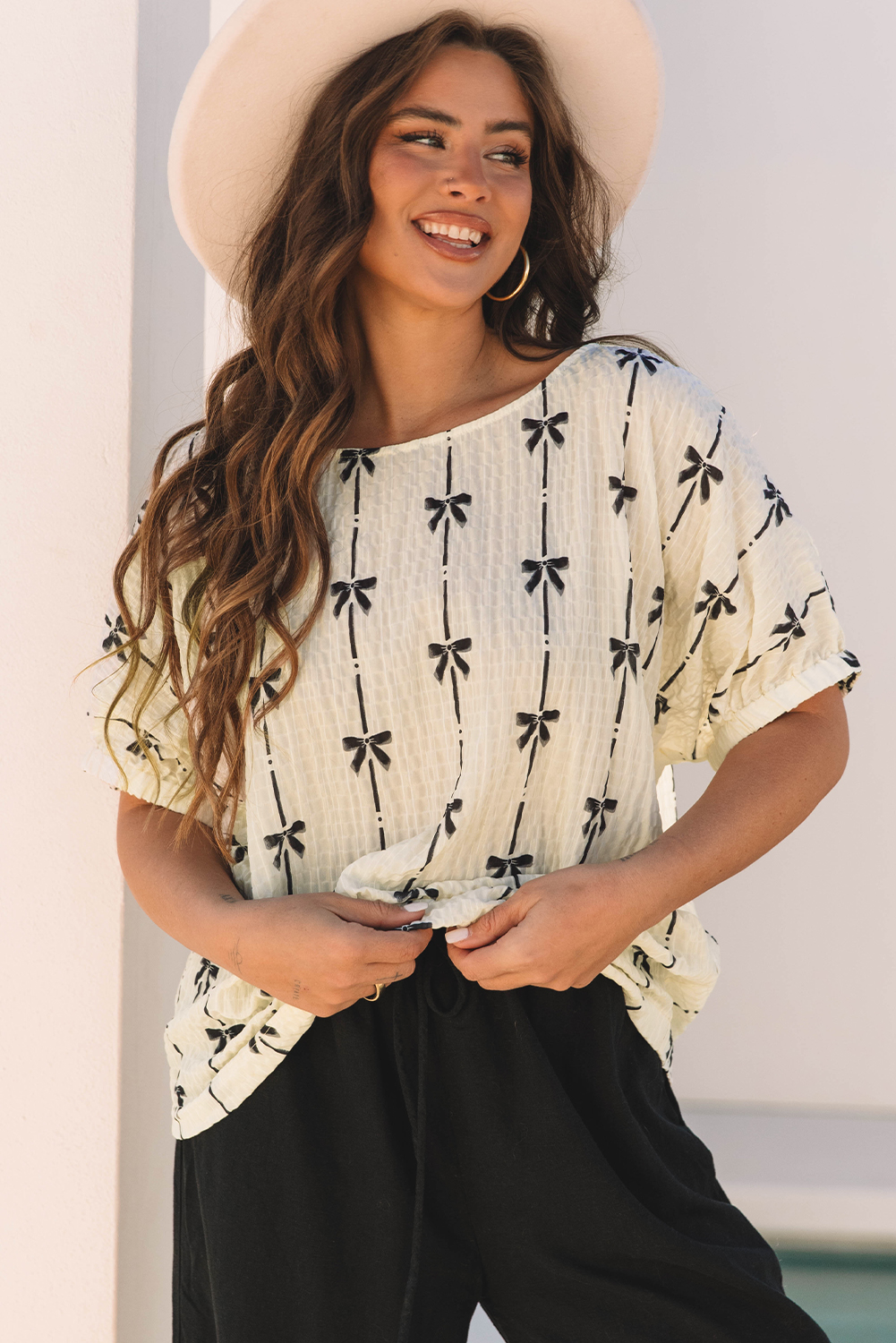 Beige Bow Print Puff Short Sleeve Top - Image 8