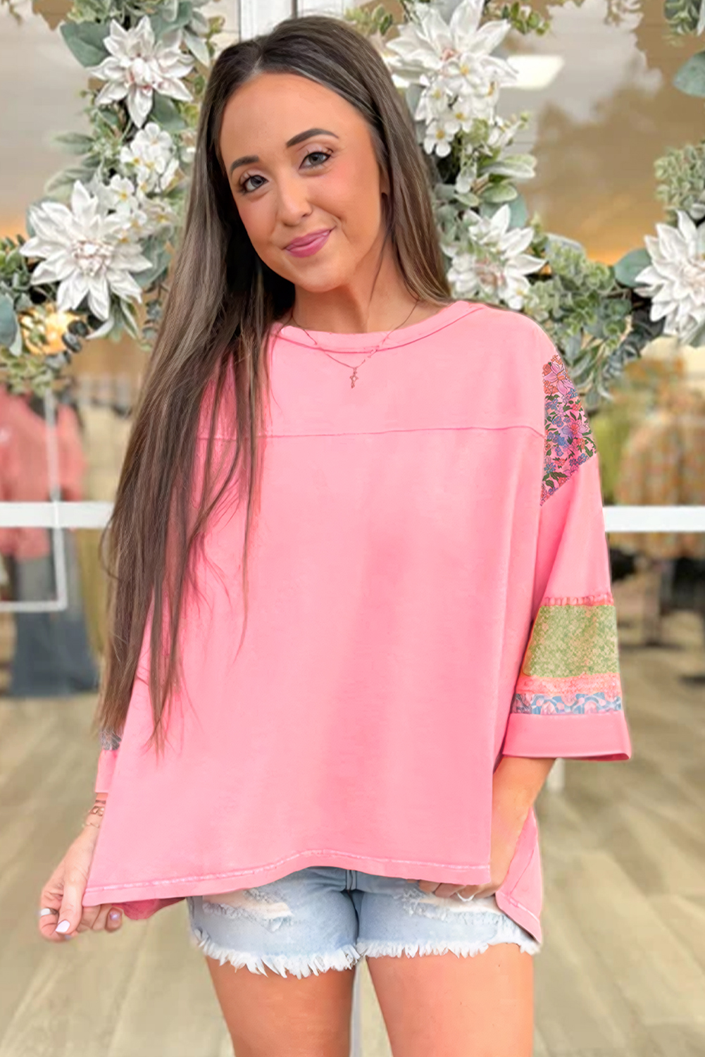 Gossamer Pink Floral Color Block Patchwork Long Sleeve Top - Image 4