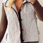 Brown Stripe Quilted Wavy Hem Snap Button Plus Size Vest