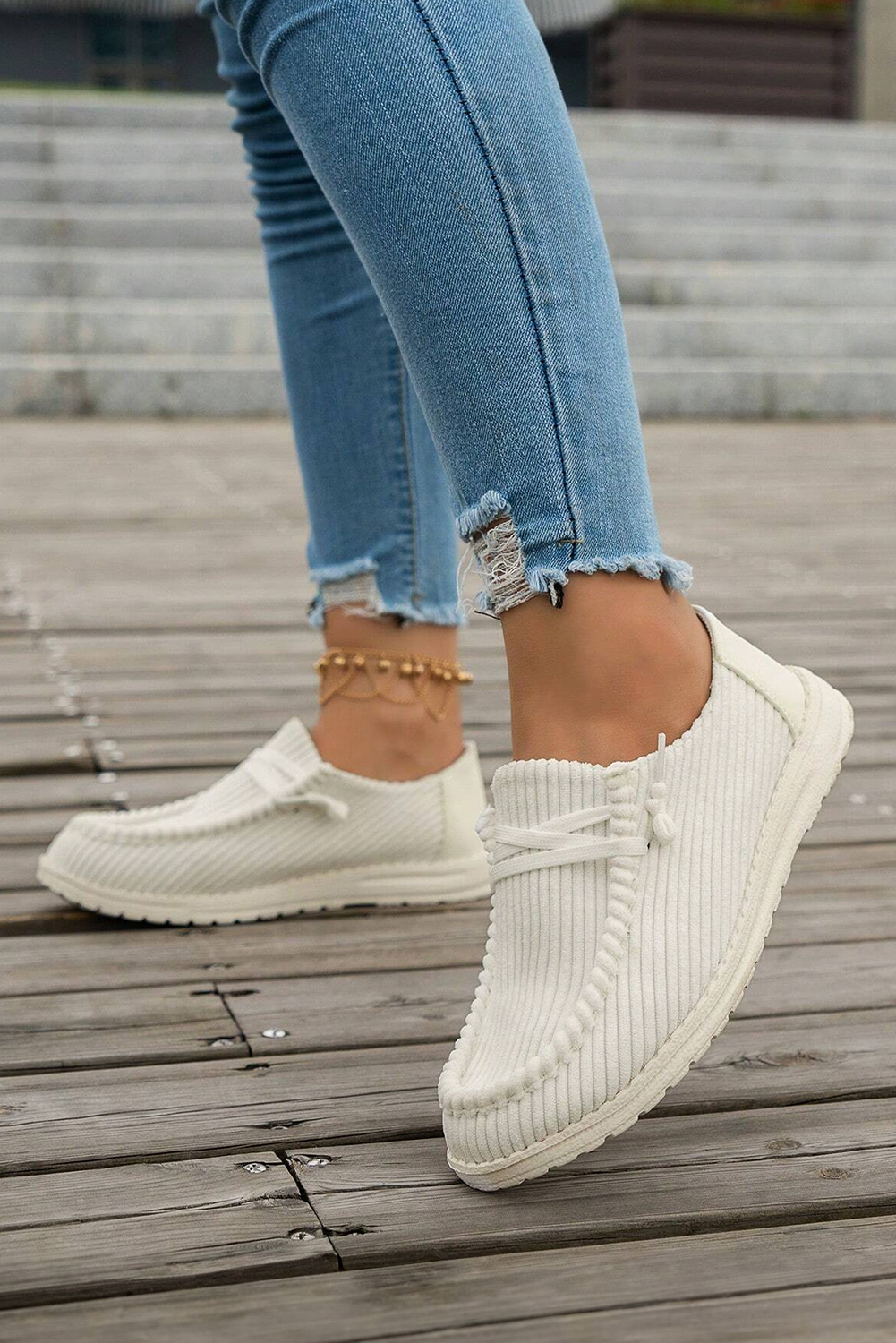 White Solid Ribbed Criss Cross Slip On Casual Shoes - Image 3